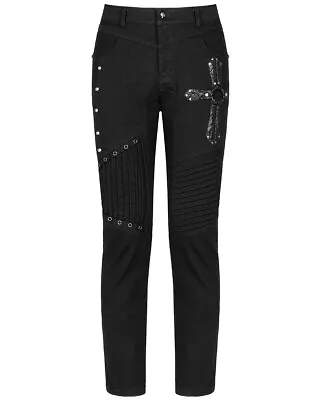 Punk Rave Mens Apocalyptic Gothic Jeans Pants Trousers Black Faux Leather Straps • £52.79