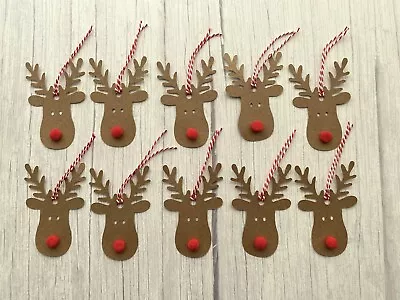 Handmade Reindeer Christmas Gift Tags - Set Of 10 Rudolph Tags With Red Pom Pom • £3.75