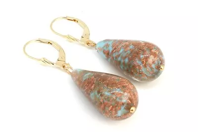 9ct Gold Murano Leverback Drop Earrings  Turquoise  Made In UK • £60.99