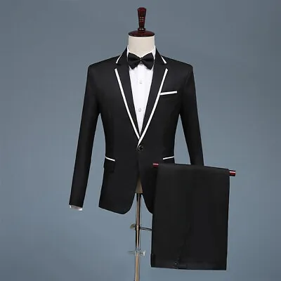 Men's White Edge Collar Black Suit Tuxedo Dress (Include Blazer Pants And Tie) • $59.99