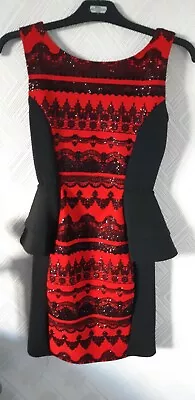 Quiz Clothing Black And Red Glitter Peplum Dress Size 10 New With Tag • £15.50