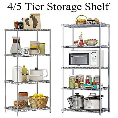 4/5 Tier Silver Metal Storage Rack Shelving Wire Shelf Kitchen Office Unit Stand • £25.95
