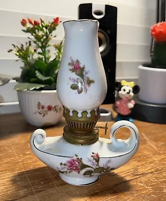 Vintage_Small_Kerosene_Oil Lamp_Porcelain_Roses_Made In Japan_Pretty_cHECK It_ • $9.95