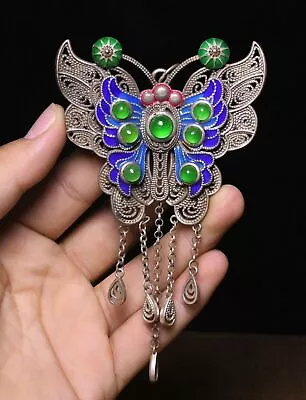 12CM Old Tibet Miao Silver Filigree Inlay Green Jade Butterfly Amulet Pendant • $68.80