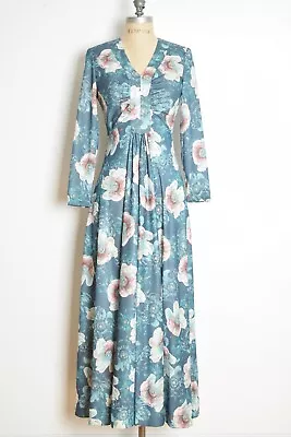 Vintage 70s Dress Teal Pastel Floral Print Boho Hippie Long Maxi Dress S • $42