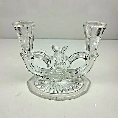 Vintage Etched Crystal Glass Double Arm Candelabra Candle Stick Holder 5 1/2  H • $17.97