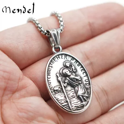 MENDEL Mens St Saint Christopher Medal Pendant Necklace Stainless Steel Amulet • $11.99