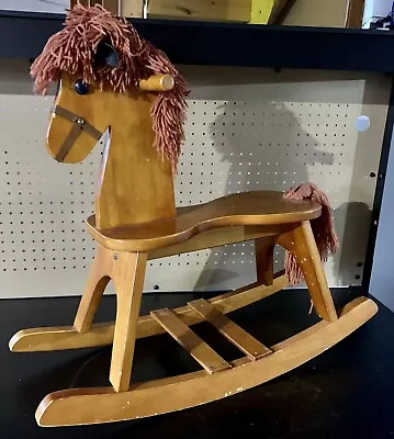 Vintage Child's Wooden Rocking Horse With Rag Mop Mane And Tail 25” X 30  Long • $25