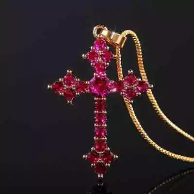 Dainty Cross Shape Pendant Necklace Inlaid Round Cut Shiny Zircon Good Dark Pink • $12.98