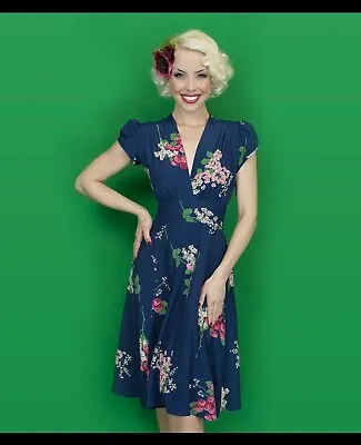 £90 • Buy Trashy Diva Crimson Clover Ashley Dress Blue Floral Tea Vintage Pinup Xs 1940s