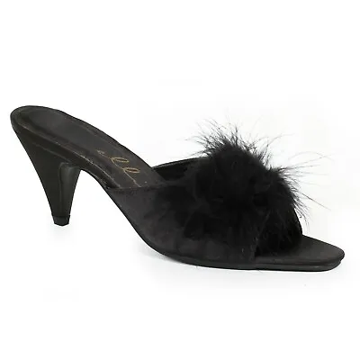 Ellie Phoebe Black Maribou Furry Diva Satin Costume Slippers Heels Sandals Shoes • $37.99