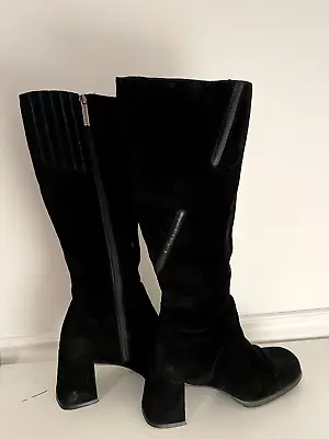 Vintage Hush Puppies Black Suede Knee High Square Toe Block Heel Boots 7M • $150