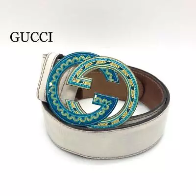 GUCCI Rare Ethnic Interlocking G Buckle Leather Belt Size 85/34 Ivory 235780 Men • $287.10