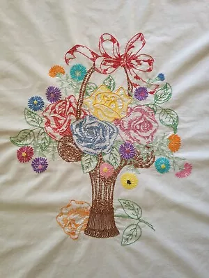 Vintage Hand Embroidered Basket Of Flowers Quilt Center Block? Stitched 15 X 17  • $14