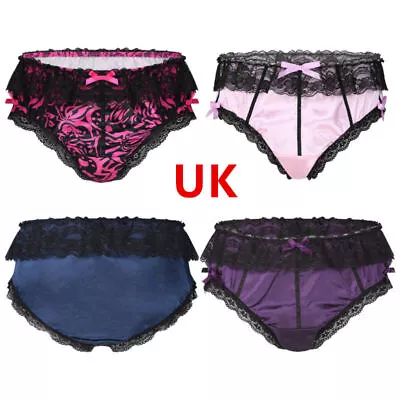 UK Men's Underwear Shiny Panties Satin Silky Bowknot Lace Knickers Thong Briefs • £10.99