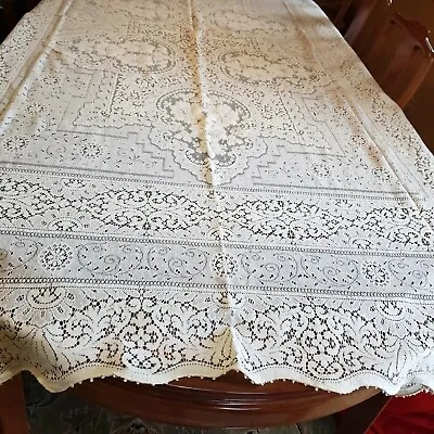 $36 • Buy Vintage Floral Handmade Fine Lace Tablecloth 69 X 96  