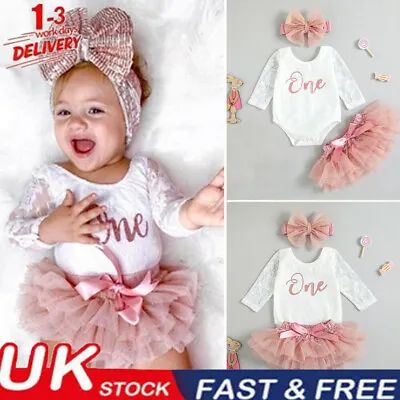 Infant Baby Girl 1st Birthday Outfit Lace Romper Bodysuit Cake Smash Tutu Skirts • £12.99