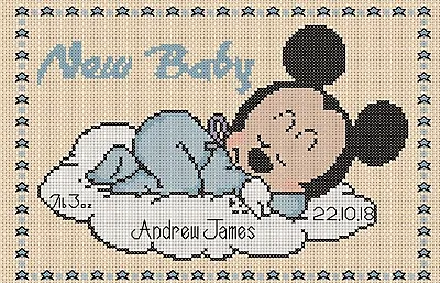 £4.50 • Buy Cross Stitch Chart  New Baby Birth Sampler Mickey Mouse FlowerPower37uk