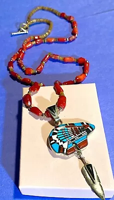 NAVAJO Signed Sterling Silver 925 Micro-Carve Stone Bear Pendant Coral Necklace • $124