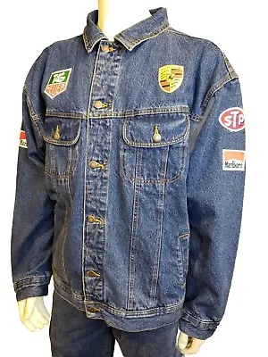 Wrangler Jean Jacket Mens XL Rock & Roll Porsche Marlboro Patches Flannel Lined • $129.99