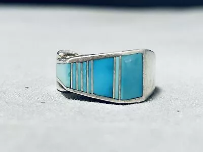 Fascinating Vintage Navajo Blue Gem Turquoise Sterling Silver Ring • $266.39