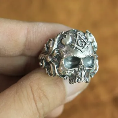 £49 • Buy Handmade 925 Sterling Silver Masonic Skull Ring Mens Biker Ring TA116B UK W½
