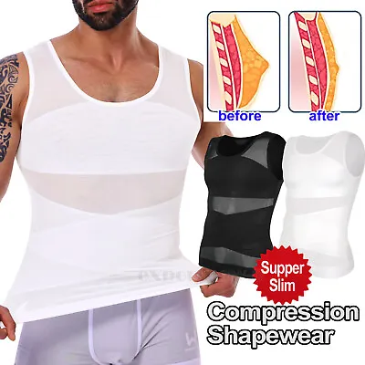 Mens Body Shaper Slimming Shirt Compression Elastic Mesh Vest Shapewear Tank Top • £15.79