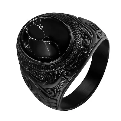 Men's Vintage Natural Oval Black Onyx Ring 316L Stainless Steel Band Size 7-14 • $10.99