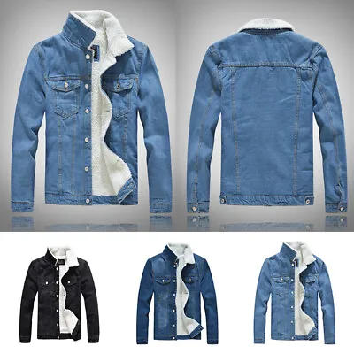 Men Fleece Fur Collar Coat Trucker Denim Jean Jacket Outwear Winter Warm  ！ • $11.99