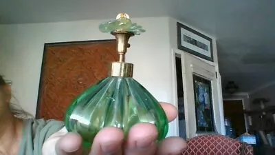 Vintage Irice Perfume Bottle Frosted Glass With Green Tint. Flower Top BEAUTIFUL • $26.95