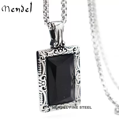 MENDEL Stainless Steel Mens Hip Hop Black Obsidian Stone Pendant Necklace Men • $12.99