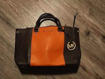 $398 Michael Kors Sutton Center Stripe Coffee Orange Saffiano Large Satchel Euc • $59.96