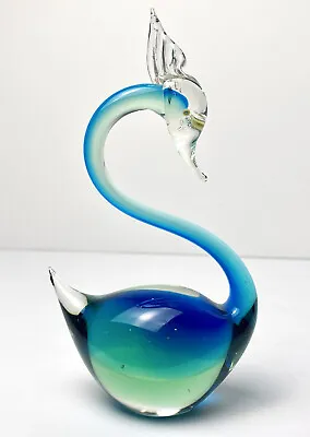 Vintage Murano SALVIATI Swan Art Glass Figurine BARBINI Blue Green Sommerso 6.5  • $129.99