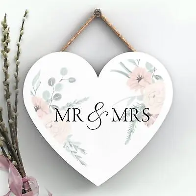 Mr & Mrs Wedding Floral Decoration Wooden Heart Hanging Wall Plaque • £4.98