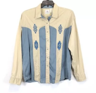 Midwest Garment Co. Western Aztec Vtg Button Up Collared Blue Beige Blouse XL • $22.89