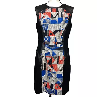 Milly Dress Womens 12 Black Multicolor Geometric Sheath Sleeveless Wool Leather • $24.20