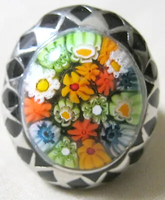 MILLEFIORI Art Glass STAINLESS STEEL & Black ENAMEL Colorful RING Size 7.75 • $24.95