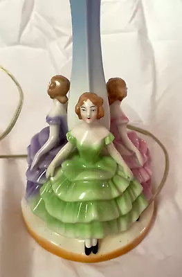 Vintage Porcelain Table Lamp 3 Ladies Pastel Ball Gowns Bavaria Figurine Girls • $73.99