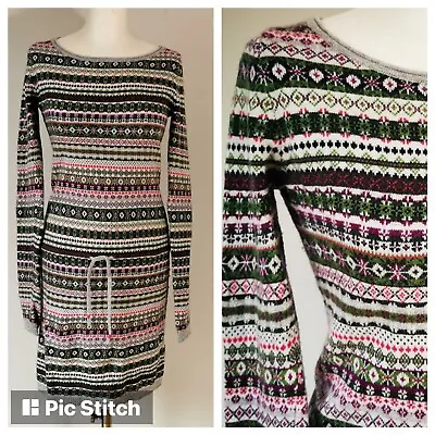 Grey Multicoloured Fairisle Knit Warm Winter Jumper Dress XS 8 • £12