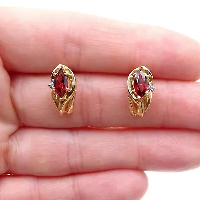Solid 10k Yellow Gold Garnet & Diamond Earrings *Marquise Cut* • $125