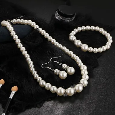 £3.99 • Buy Artificial Pearl Crystal Alloy Necklace Earrings Jewellery Set Womens Bridal