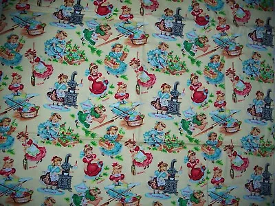 Michael Miller Rare Cotton Vintage Fabric Girls Doing Chores 1 Yd 42 W Colorful • $26