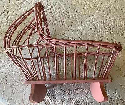 Antique Vintage Baby Doll Rocking Cradle/Wood & Wicker/13  Long X 12” Tall/Pink • $65