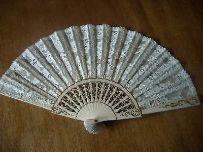 Vintage Ivory And Gold On Wood Lace Hand Fan 8.25 Long Beauty Spain • $8.99