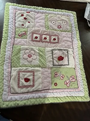 $44.99 • Buy Kidsline Baby Quilt Comforter Blanket Pink & Green W Ladybugs Dragonfly Flowers