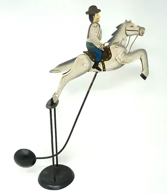 Antique Articulated Metal Painted Cowboy On Horse Rocking Pendulum Swinging Toy • $99.99