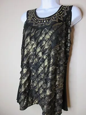 Sz L Ashley Jill Dressy Stretch Tank Top Shirt Gold Studs Sequins Metallic Black • $8.88