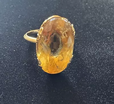 Vintage Gold Cocktail Ring With Large Amber/glass Stone Size 8 • $6.36