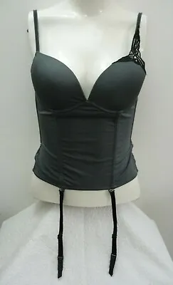 Ultimo Ladies Dark Grey Satin & Black Lace & Diamante Gem Trim Basque 32B • £14.99