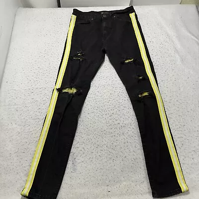 Waimea Men's 30x30 Skinny Fit Black Jeans Yellow Stripe Rhinestone Denim • $21.24